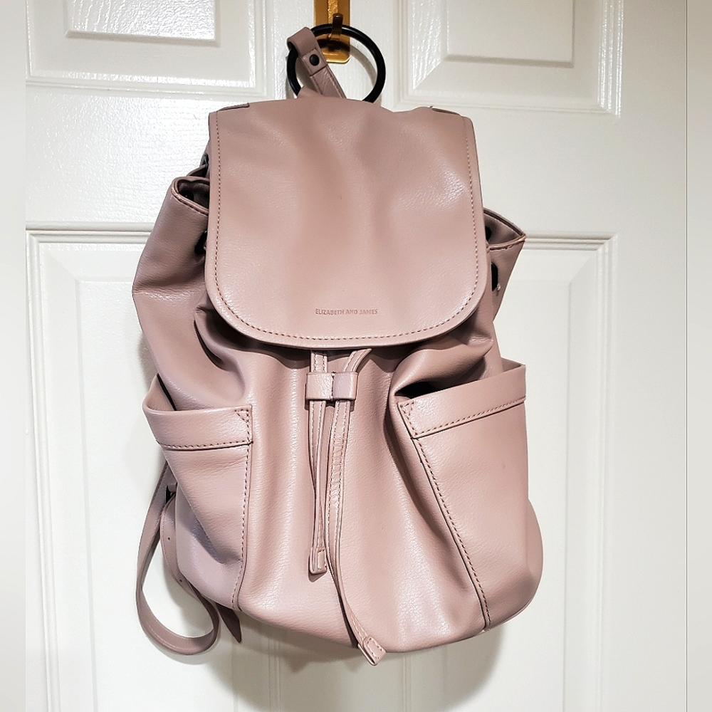 Elizabeth & James Tan Beige Slouchy Bucket Vegan Leather Drawstring Backpack EUC